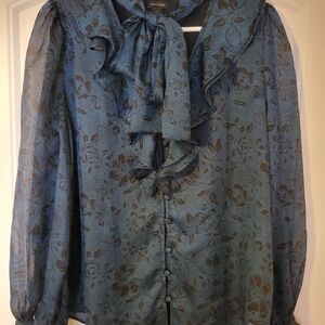 Ann Taylor Blue Floral Ruffle Tie-Neck Blouse with Navy Print